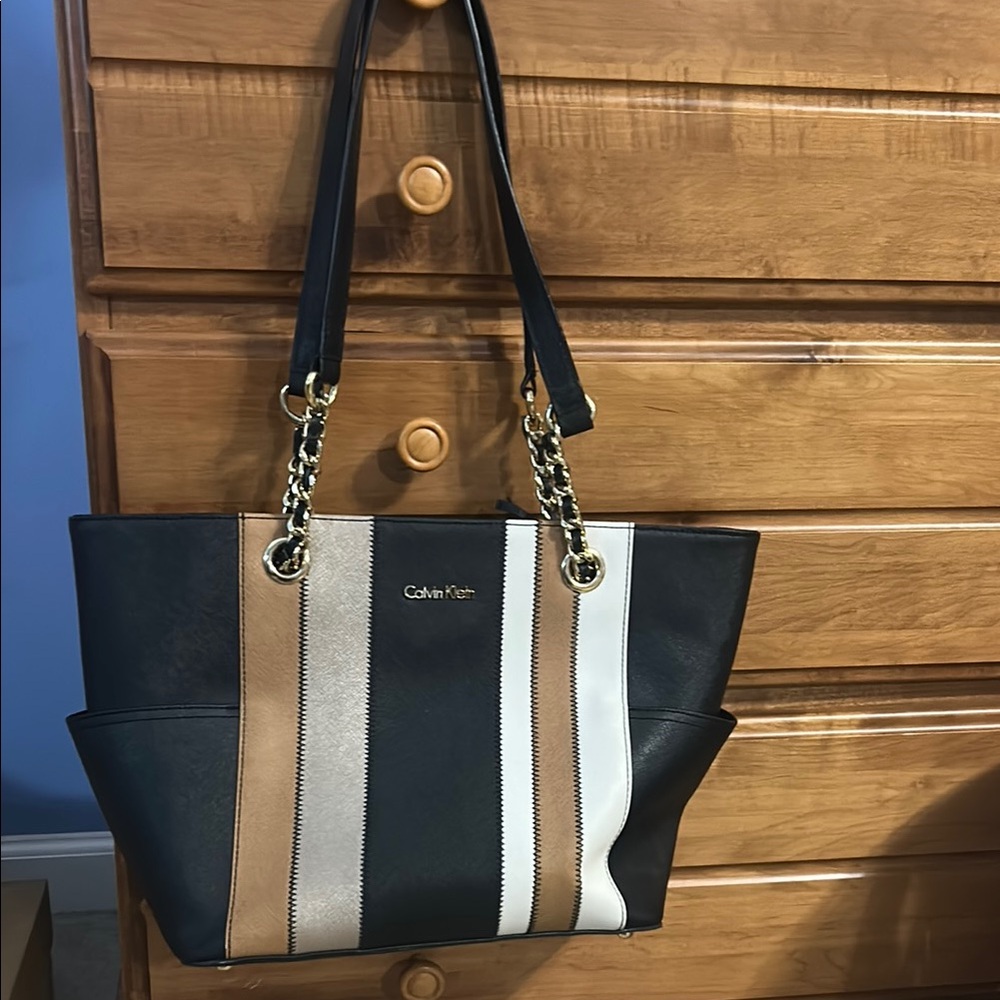 Calvin Klein Black and Tan Tote with Modern Striped Design